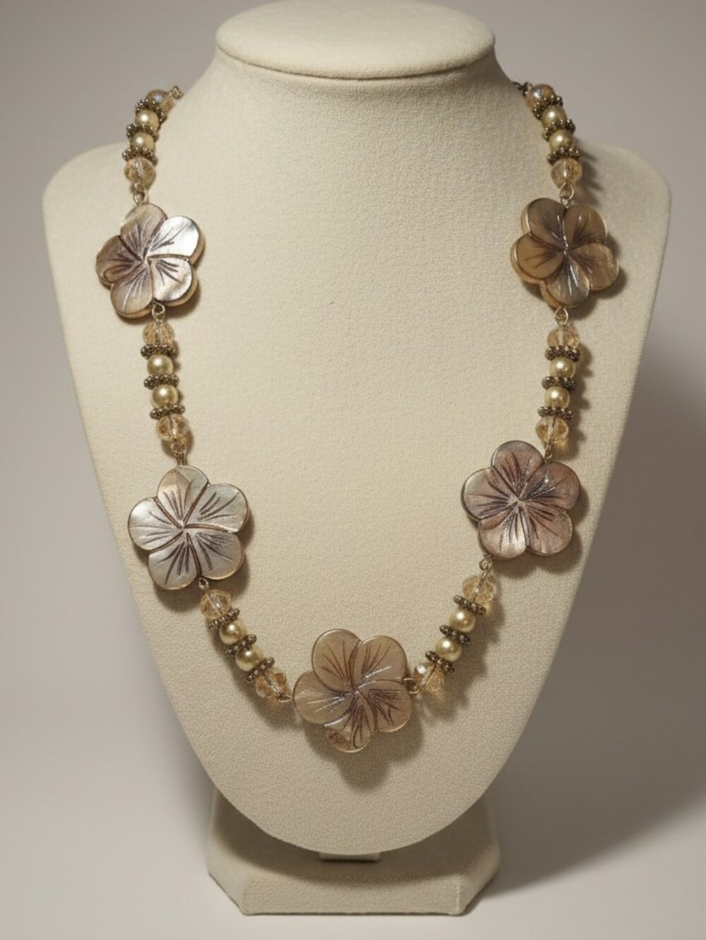Hand Crafted Gold and Brown Floral Pearl Necklace